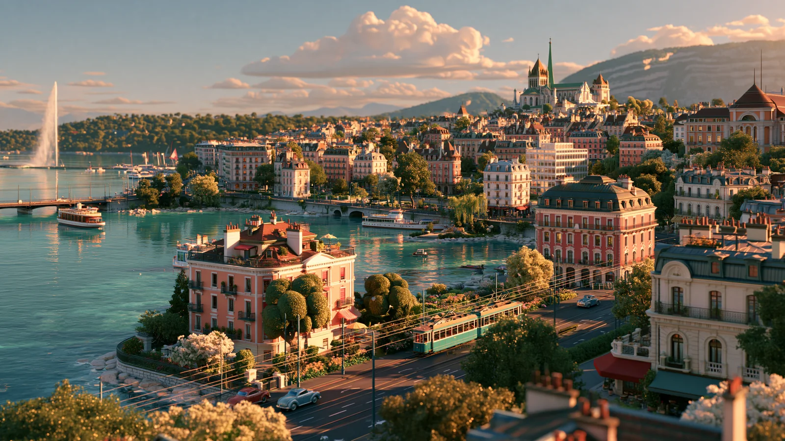 Illustration de Genève en miniature, avec le lac, le Jet d’eau et une ligne de tram.